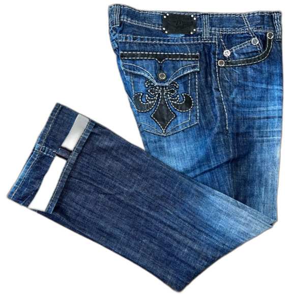 Affliction Cooper Relaxed Boot Jeans Sz 40 Blue Flap Pockets Contrast Stitch Y2K - Picture 1 of 11